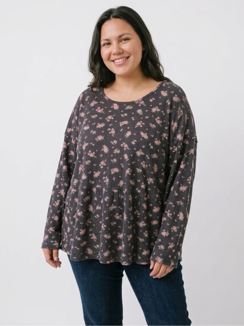 torrid Charcoal Floral Peplum Waffle-Knit Long Sleeve Top